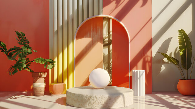 抽象幾何拱形門道和產(chǎn)品展示臺(tái)3D