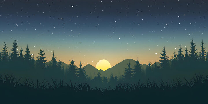 山林夕陽(yáng)星空剪影