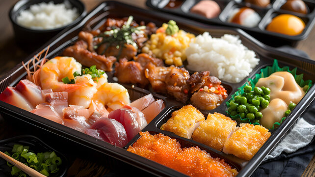 日式便當(dāng)盒：海鮮、雞肉和蔬菜的美味組合