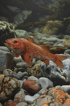 一條紅魚在河里游過巖石
