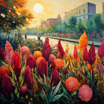 夕陽(yáng)花園的AI圖片