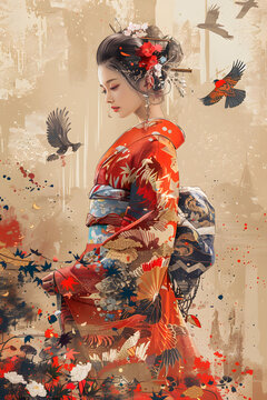 身穿紅色和服的藝伎手持一把白色扇子，旁邊飛過(guò)一只黑色的鳥