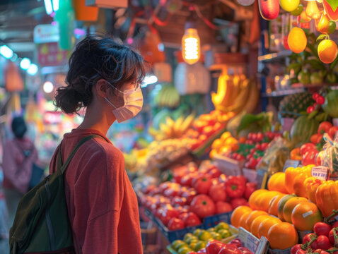 戴口罩的亞洲婦女在當(dāng)?shù)厥袌?chǎng)購買食品雜貨