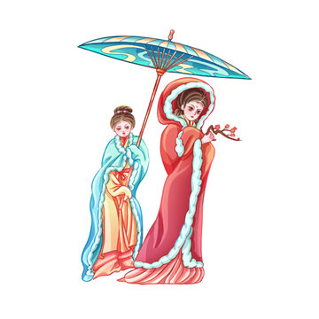 國(guó)風(fēng)雪中撐傘賞梅仕女美女插畫