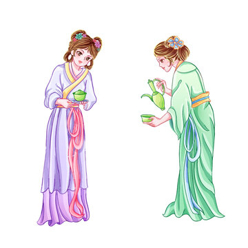 國(guó)風(fēng)端茶倒茶仕女美女插畫