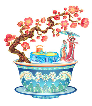 國(guó)風(fēng)雪中撐傘賞梅仕女美女場(chǎng)景