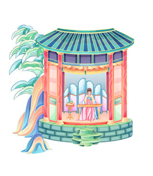 國(guó)風(fēng)亭內(nèi)彈琴仕女美女場(chǎng)景