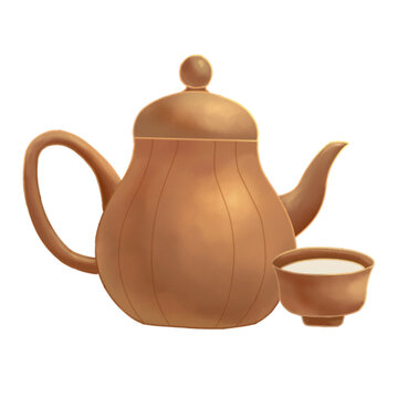 手繪一把紫砂茶壺和紫砂茶杯