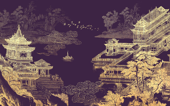 中式樓閣山水刺繡背景