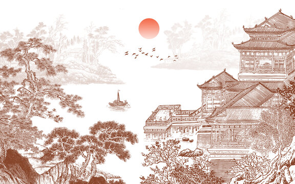 新中式山水樓閣刺繡背景