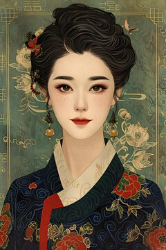 身穿韓國傳統(tǒng)服飾的年輕女子肖像