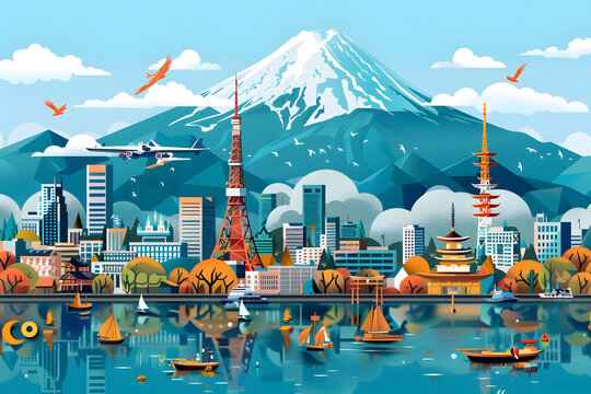 富士山背景下的日本建筑