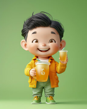一個(gè)可愛(ài)的小男孩拿著奶茶的渲染圖