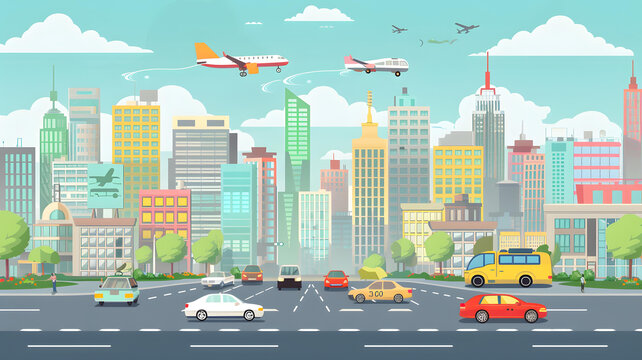 卡通城市街景，汽車和飛機(jī)