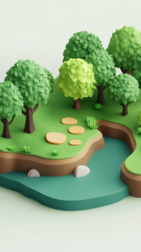 3D卡通風(fēng)格的綠色森林景觀和河流