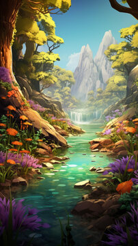奇幻森林河流瀑布山川美景