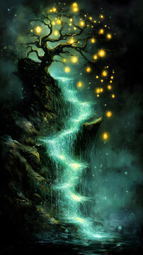 夢(mèng)幻瀑布和發(fā)光的樹