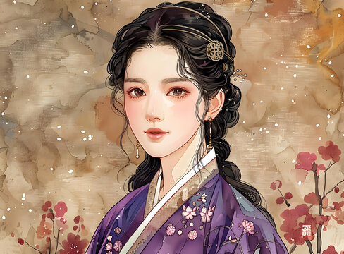 身穿韓國(guó)傳統(tǒng)服飾的年輕女子肖像