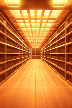 金色燈光下的圖書館走廊