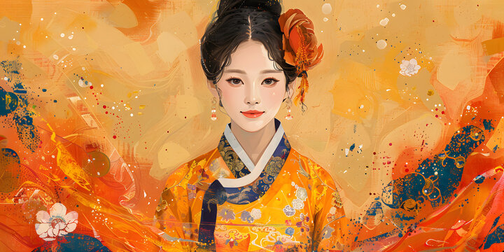 身穿韓國(guó)傳統(tǒng)服飾的年輕女子肖像，韓服
