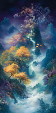 山間瀑布云霧意境畫(huà)