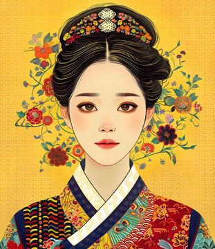 身穿韓國傳統(tǒng)服飾的年輕韓國女性肖像