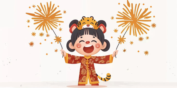 身穿紅色旗袍的可愛卡通女孩手持兩支仙女棒