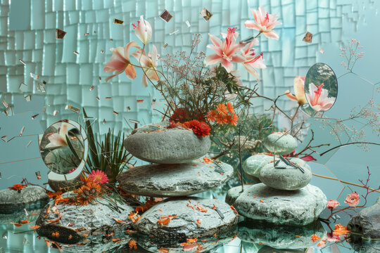 寧?kù)o致遠(yuǎn)的花與石的組合在鏡面上的倒影