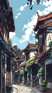 傳統(tǒng)中國建筑風(fēng)格的彎曲街道
