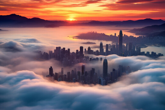 旭日下的香港城市天際線與云海