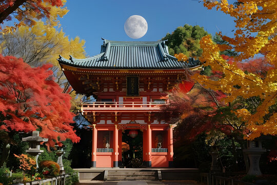 紅葉映襯下的寺廟與明月