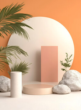 簡約產(chǎn)品展示背景，棕櫚葉和巖石