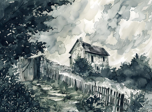 水彩鄉(xiāng)村小屋籬笆和木門