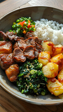一份美味健康的牛排土豆蔬菜蓋飯