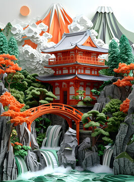 剪紙藝術(shù)：富士山下的日式寺廟