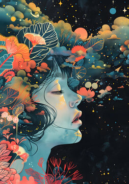 夢(mèng)幻花朵和星空的女人