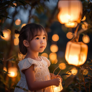 小女孩在花園里提著燈籠