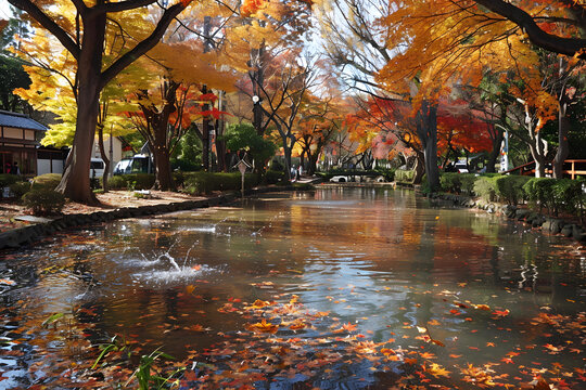 公園池塘在秋日水面漂浮的落葉