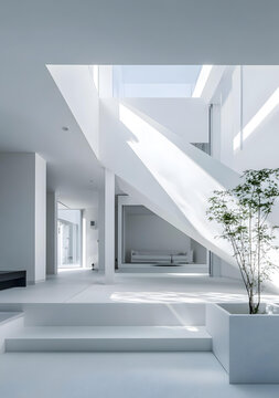 極簡主義現(xiàn)代建筑設(shè)計(jì)，白色墻壁和天窗