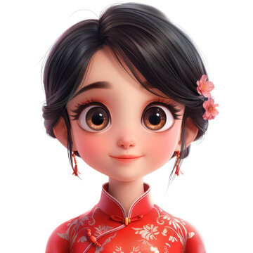 一個身穿紅色旗袍的年輕女子的3D渲染圖，她有著黑色的頭發(fā)和棕色的眼睛。