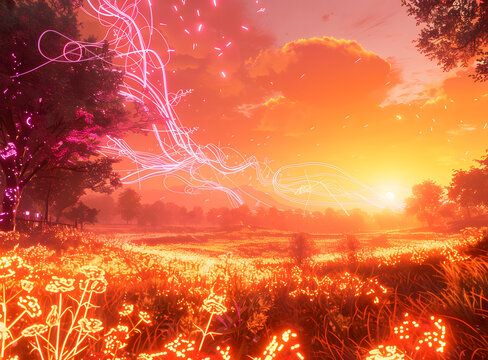 奇幻風(fēng)景與發(fā)光的花朵和日落
