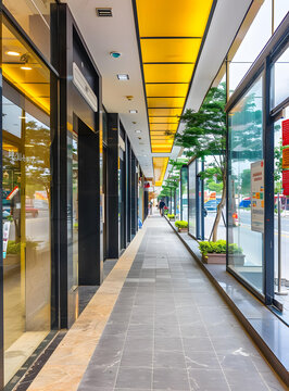 帶黃色天花板和玻璃門的現代零售店入口