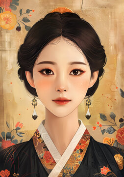 身穿韓國傳統(tǒng)服飾的年輕女子肖像
