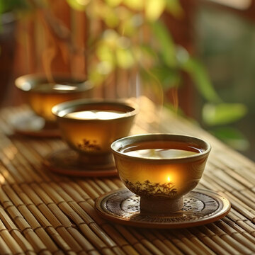 金燦燦的茶湯在竹制茶臺上散發(fā)出縷縷熱氣