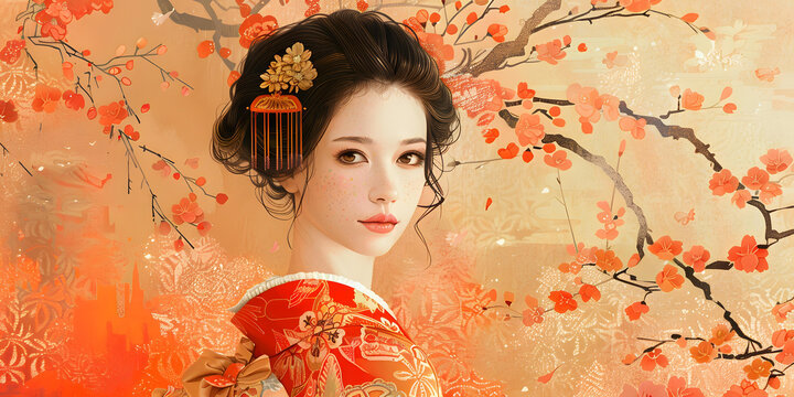 穿著傳統(tǒng)和服的美麗日本女性，背景是櫻花