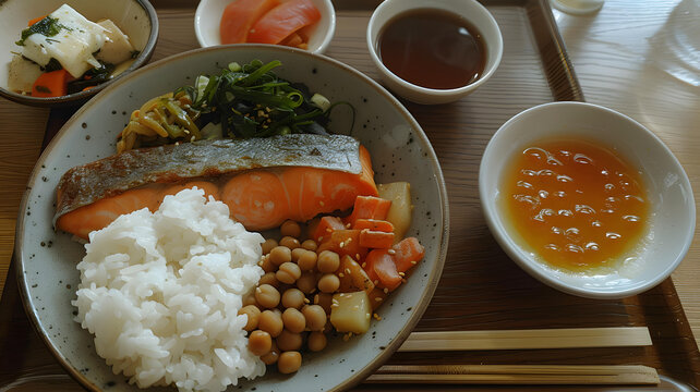 日式便當?，有米飯、三文魚和配菜
