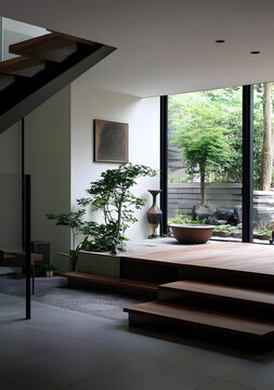 現(xiàn)代簡約風(fēng)格室內(nèi)設(shè)計(jì) 木質(zhì)臺階與禪意花園景觀