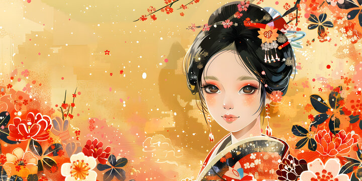 身穿和服的日本女性插圖，她的頭發(fā)上裝飾著紅色和橙色的花朵，并梳著傳統(tǒng)的日本發(fā)型。