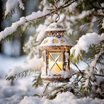 雪地森林里的燈籠