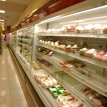 超市冷藏柜展示各種肉制品